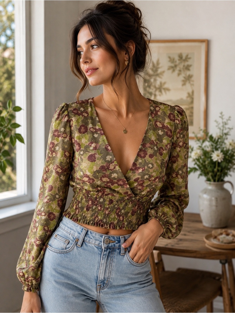 Wilfred Aritzia Floral Smocked Crop Blouse XS Cottagecore Puff Sleeve Top